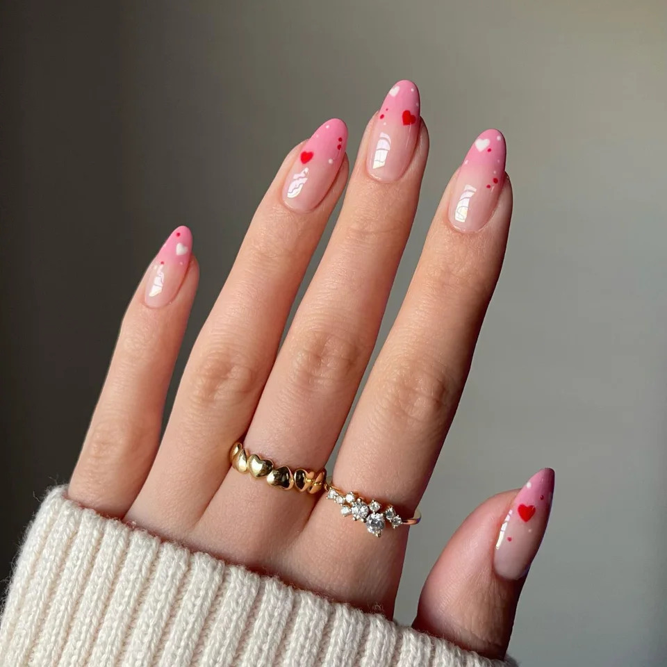 Glitter Gradient Almonds with Red Hearts Glitter Gradient Almonds with Red Hearts — Mismatched Heart Nails 2027