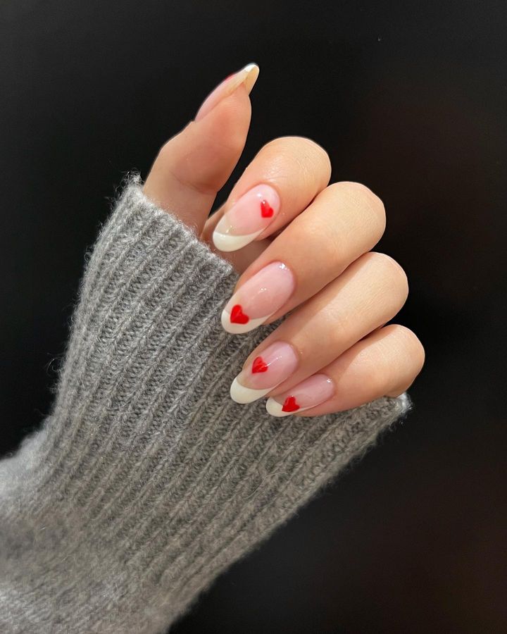 Almond French Tips with Red Hearts Almond French Tips with Red Hearts — Mismatched Heart Nails 2027