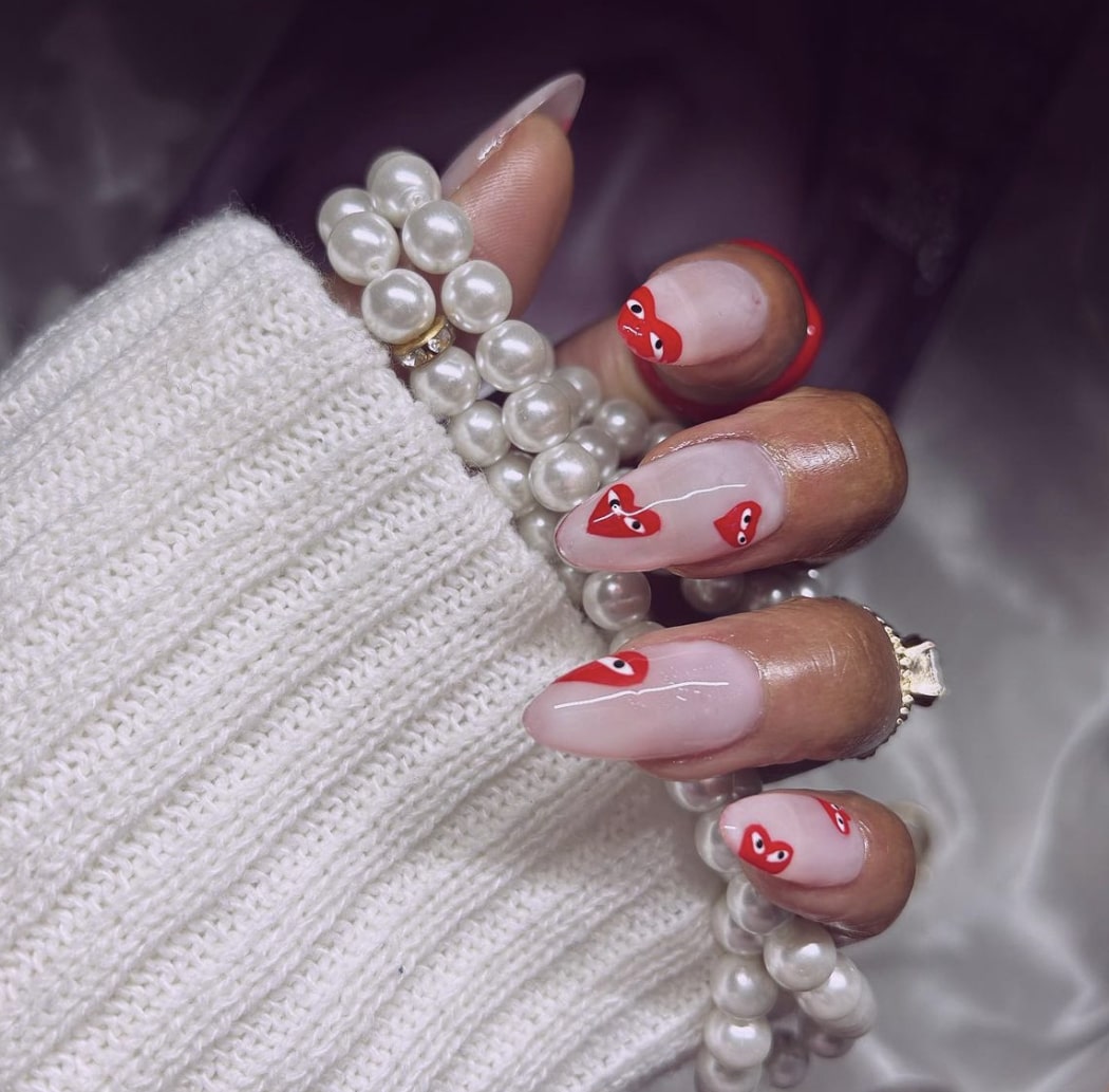 Long Oval Sheer Pink with Red Hearts Long Oval Sheer Pink with Red Hearts — Mismatched Heart Nails 2027