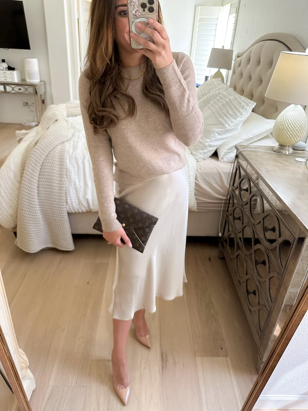 Cream Satin Midi Skirt with Fine-Knit Sweater Cream Satin Midi Skirt with Fine-Knit Sweater — Winter Skirt Outfits