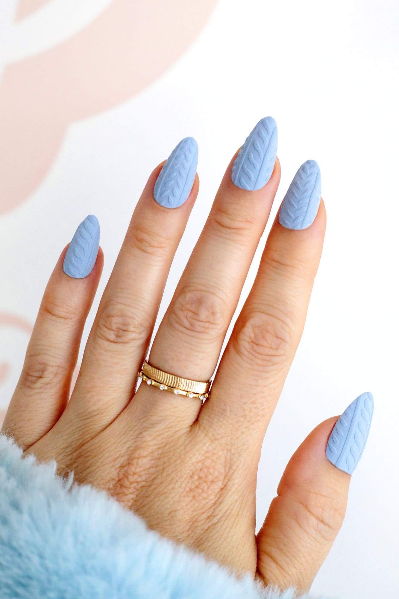 Cozy Matte Light Blue Cable Knit Almonds Cozy Matte Light Blue Cable Knit Almonds — Winter Gel Nails