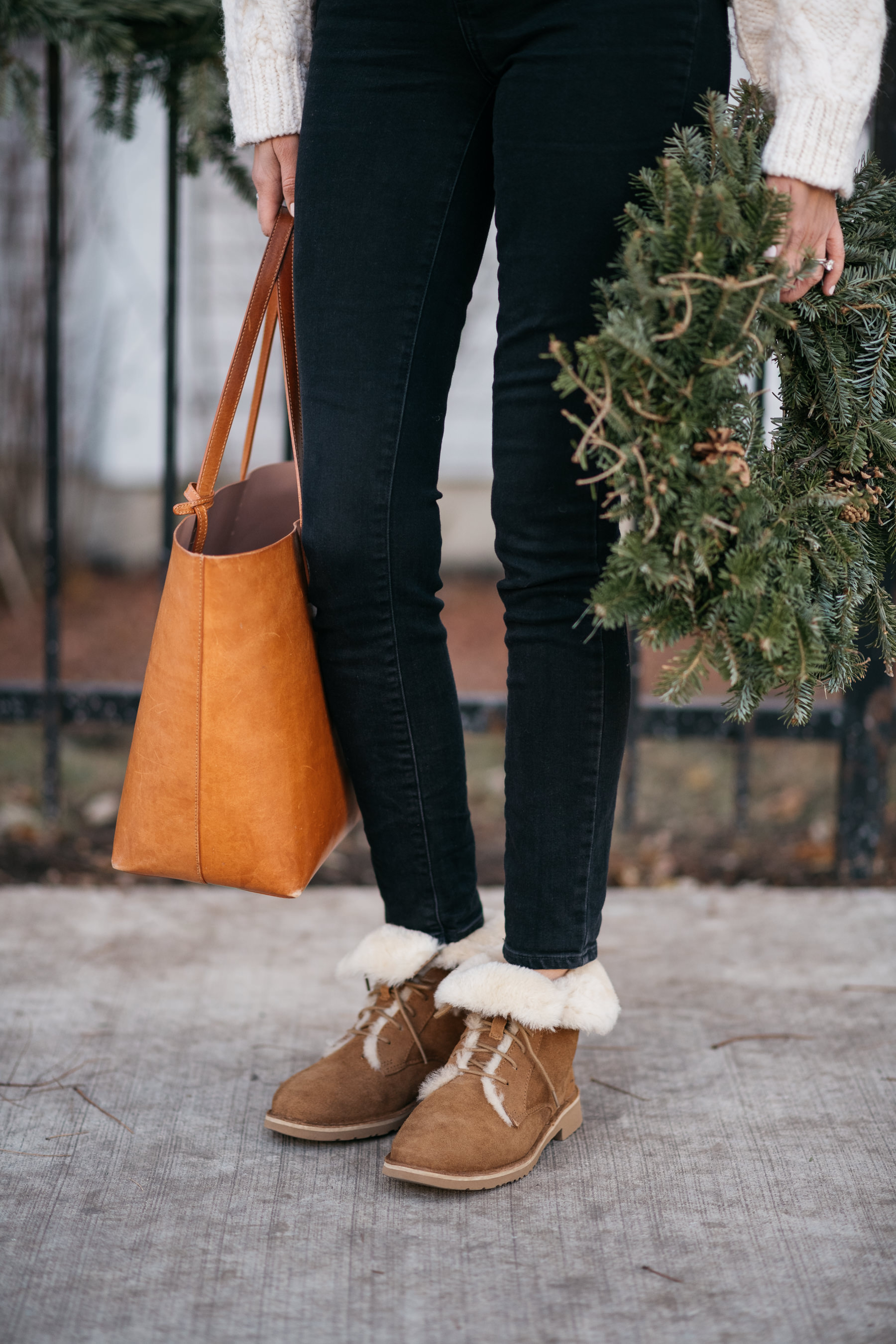 Shearling Trim and Leather Tote with Brown Uggs Shearling Trim and Leather Tote with Brown Uggs — Ugg Boots Outfits