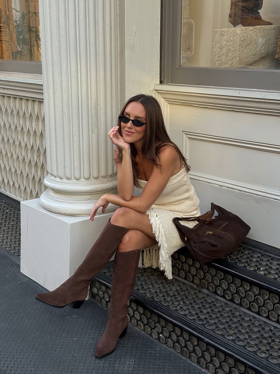 Fringed Mini Dress with Dark Brown Suede Boots Fringed Mini Dress with Dark Brown Suede Boots — Suede Boots Outfits