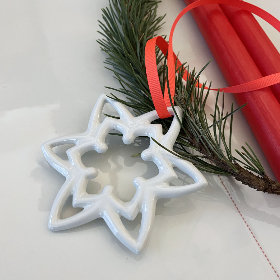 Minimalist Porcelain Star with Red Accents — Handmade Christmas Ornaments
