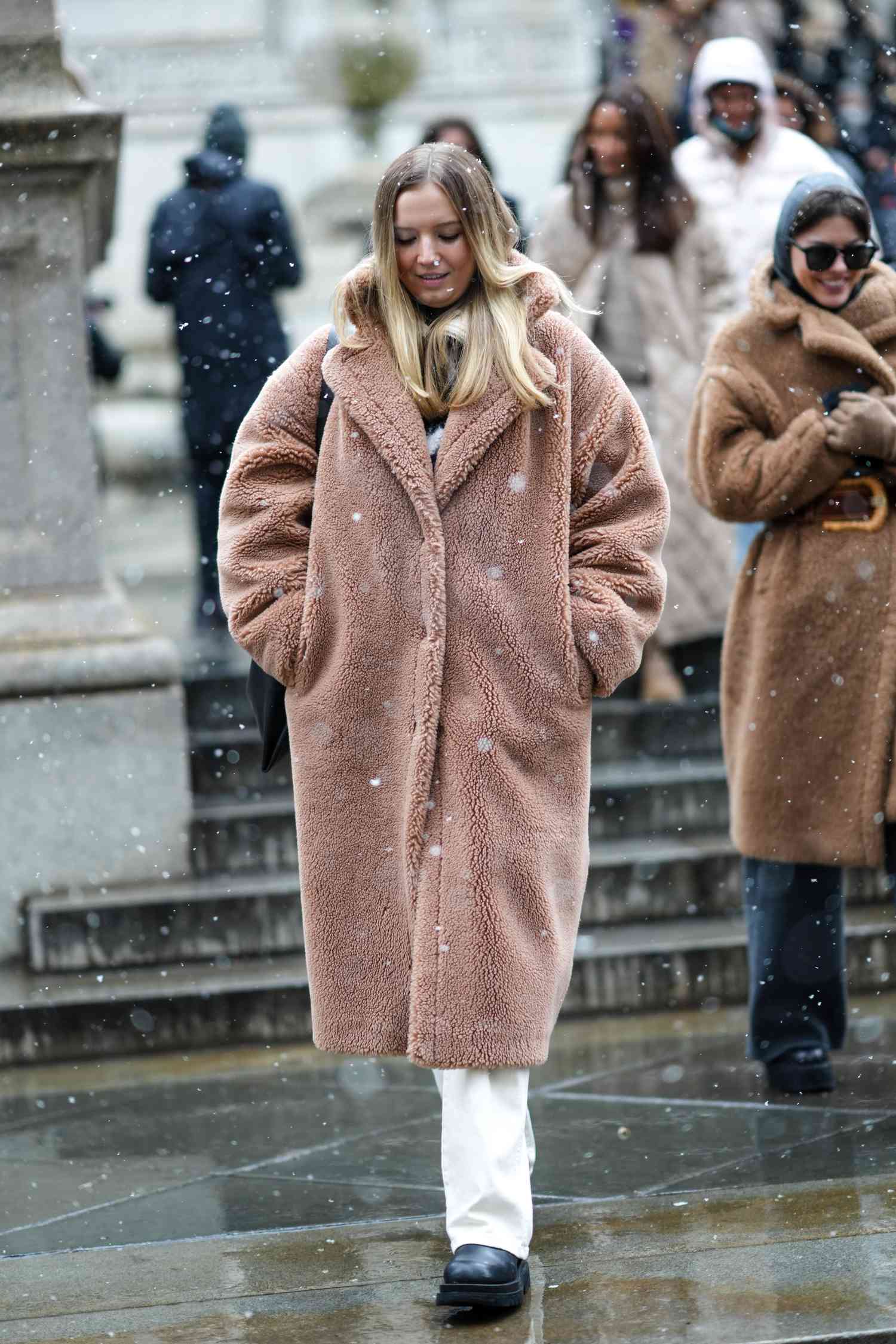 Teddy Bear Coat Chic: Pink Oversized with White Trousers — Comfy Winter Outfits