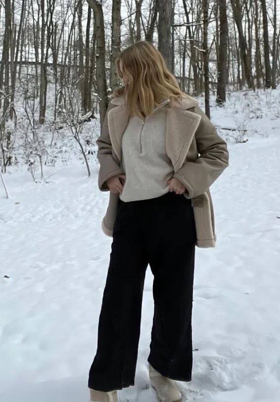 Shearling Lined Comfort: Beige Jacket with Cream Sweater — Comfy Winter Outfits