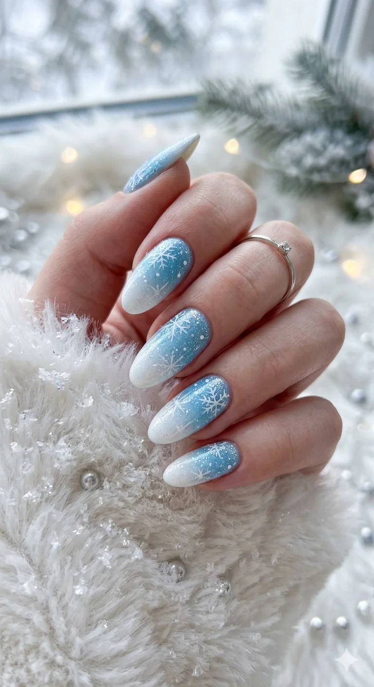 Icy Blue White Snowflake Glitter Almond Nails Icy Blue White Snowflake Glitter Almond Nails — Winter Ombre Nails
