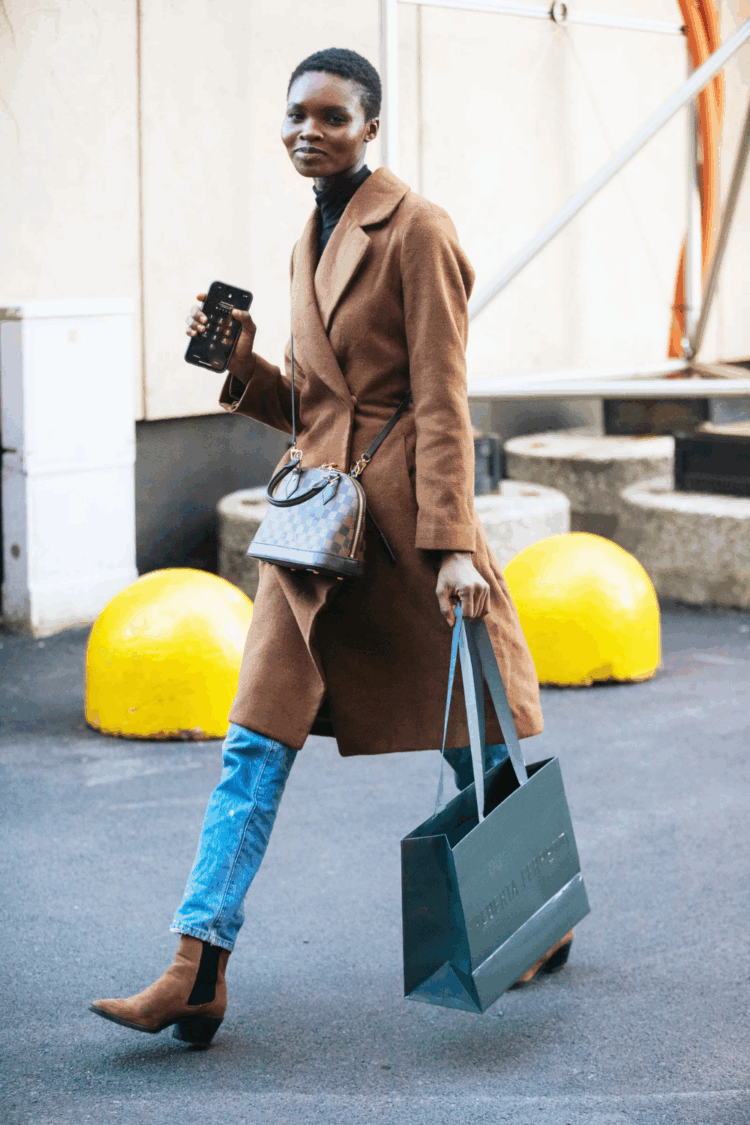 Brown Pointed Chelsea Boots with Double-Breasted Coat and Jeans — Chelsea Boots Outfits