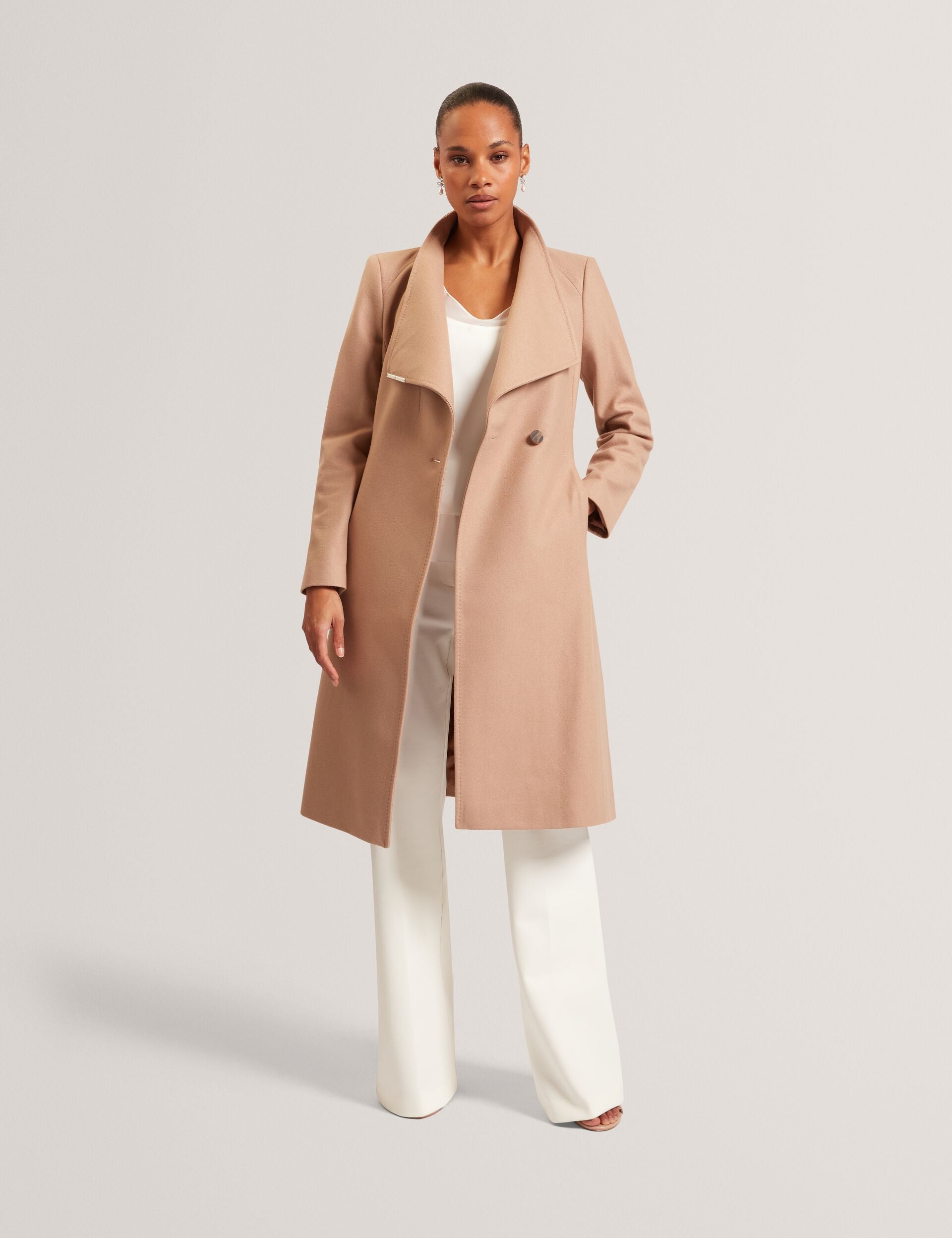 Camel Wrap Coat with White Satin Trousers Camel Wrap Coat with White Satin Trousers — Camel Coat Outfits