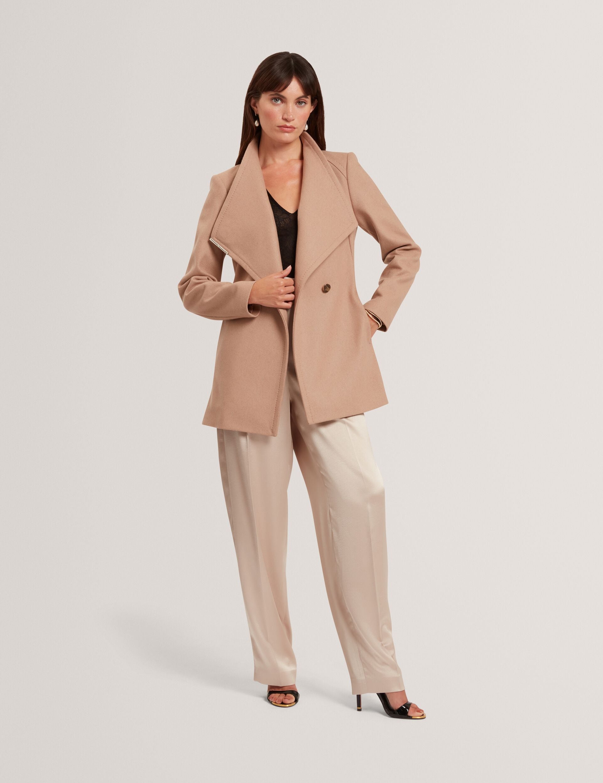 Camel Coat with Satin Trousers and Black Sandals Camel Coat with Satin Trousers and Black Sandals — Camel Coat Outfits