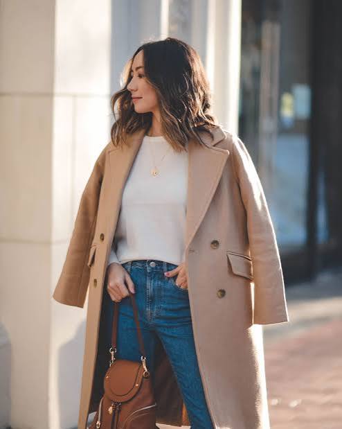 Timeless Camel Coat with Blue Jeans and White Tee Timeless Camel Coat with Blue Jeans and White Tee — Camel Coat Outfits