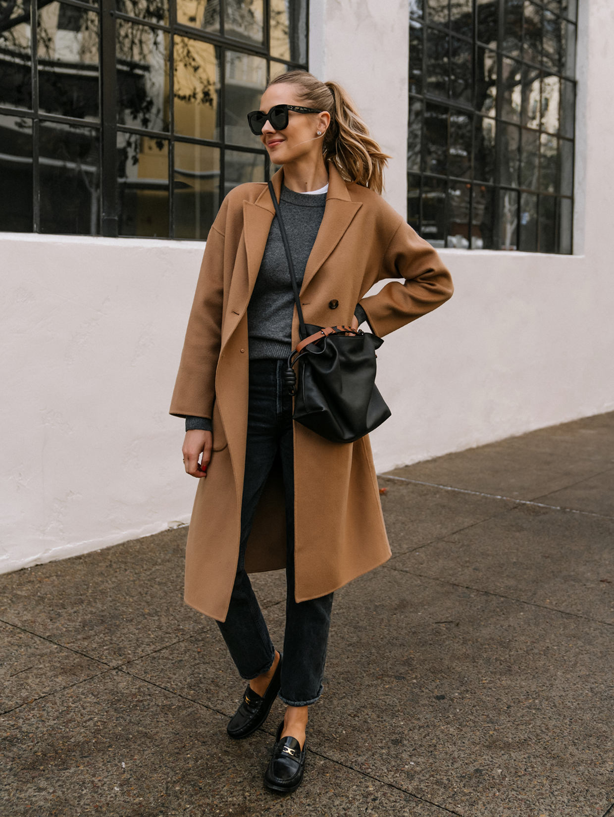 Camel Coat with Grey Sweater and Loafers Camel Coat with Grey Sweater and Loafers — Camel Coat Outfits