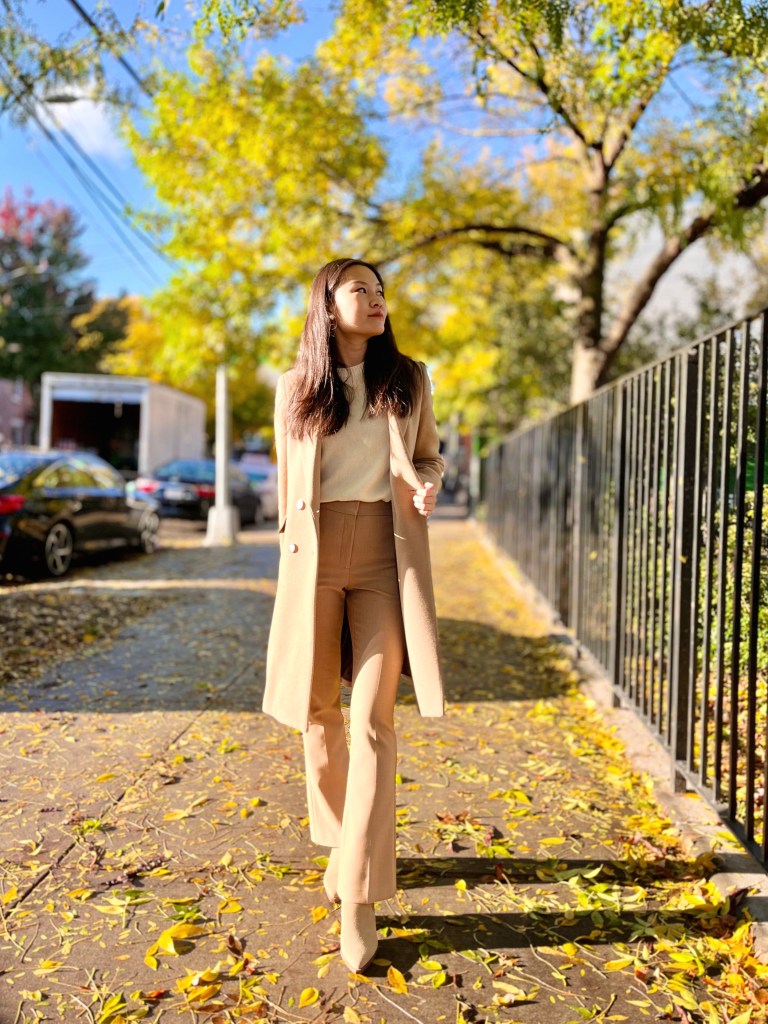 Camel Suit Jacket with Flared Trousers Camel Suit Jacket with Flared Trousers — Camel Coat Outfits