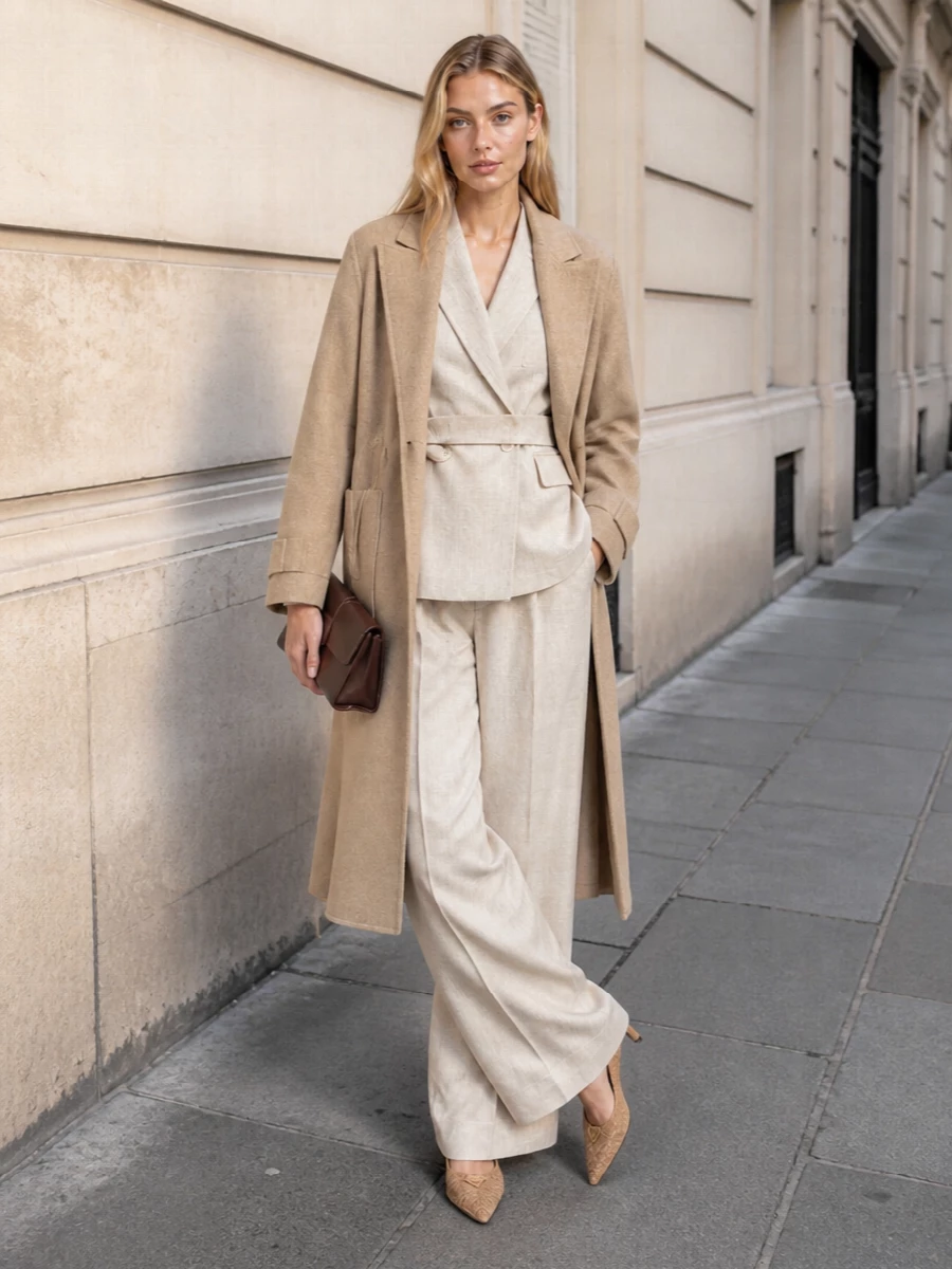 Camel Coat Over Beige Tailored Suit Camel Coat Over Beige Tailored Suit — Camel Coat Outfits