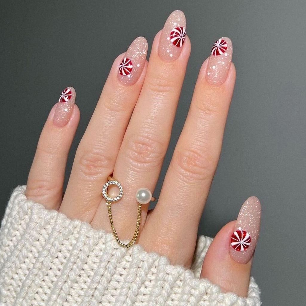 Medium Almond Candy Cane French Nails Medium Almond Candy Cane French Nails — Winter Nail Colors for Women Over 60