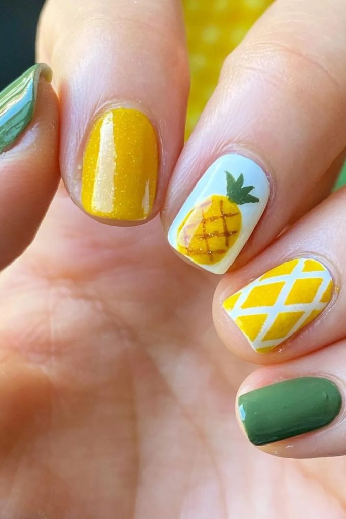 Yellow with Pineapple and Geometric Accents — pineapple nail designs 2027