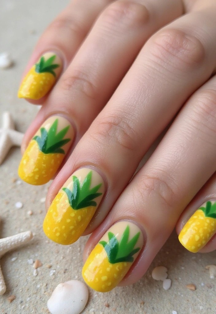 Glossy Pale Yellow with Stylized Pineapple and Leaves — pineapple nail designs 2027