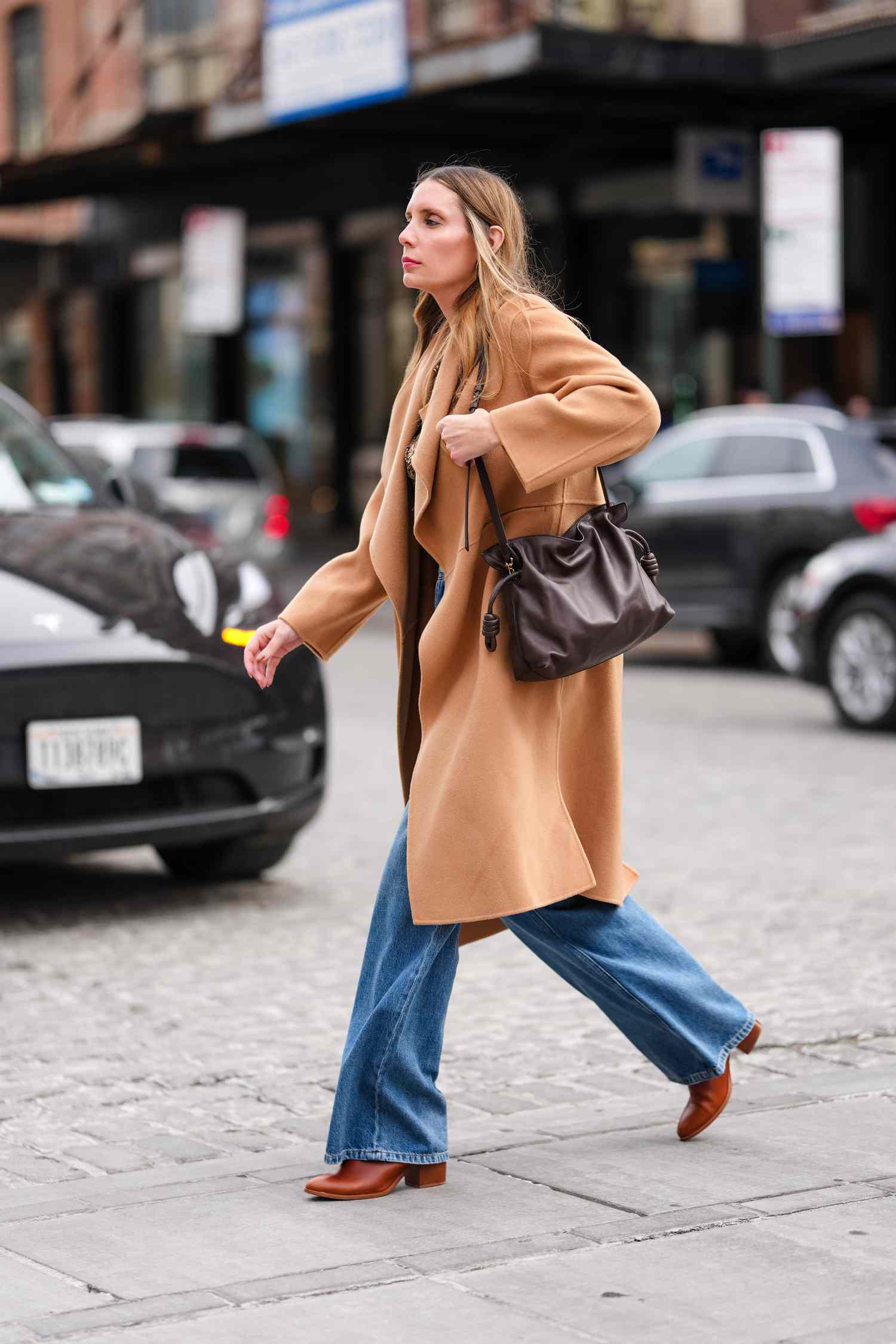 Brown Leather Block-Heel Ankle Boots with Wide-Leg Jeans and Camel Coat Brown Leather Block-Heel Ankle Boots with Wide-Leg Jeans and Camel Coat — Ankle Boots Outfits