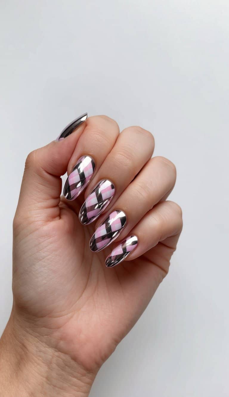 Plaid Pattern with Silver Chrome — Chrome Nail Designs