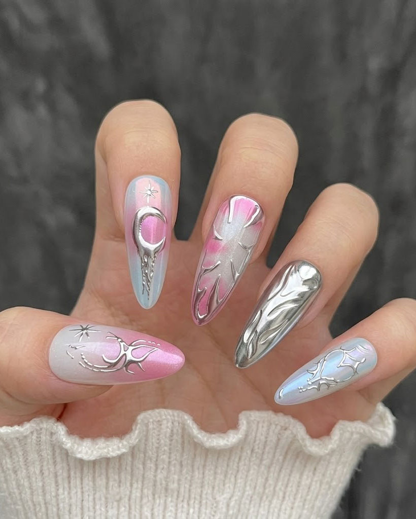 Gradient Chrome Flames and Moons — Chrome Nail Designs