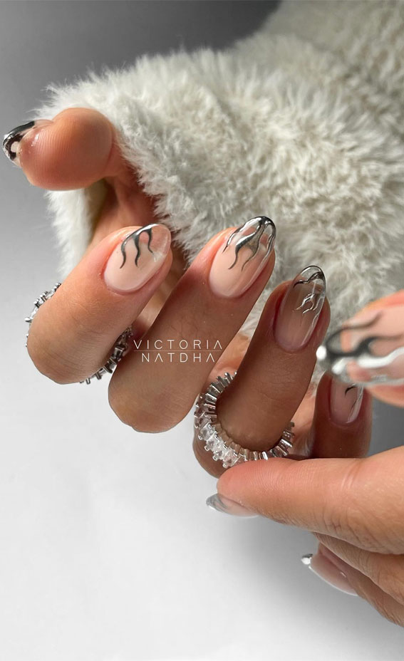 Silver Flame Accents Blue-Black Chrome Flames on Nude — Chrome Nail Designs