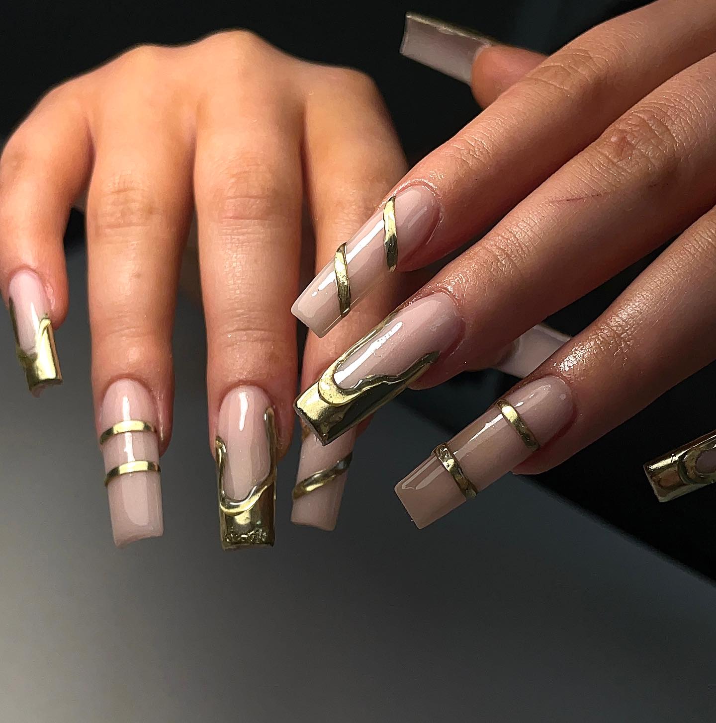 Gold Abstract Shapes on Nude — Chrome Nail Designs