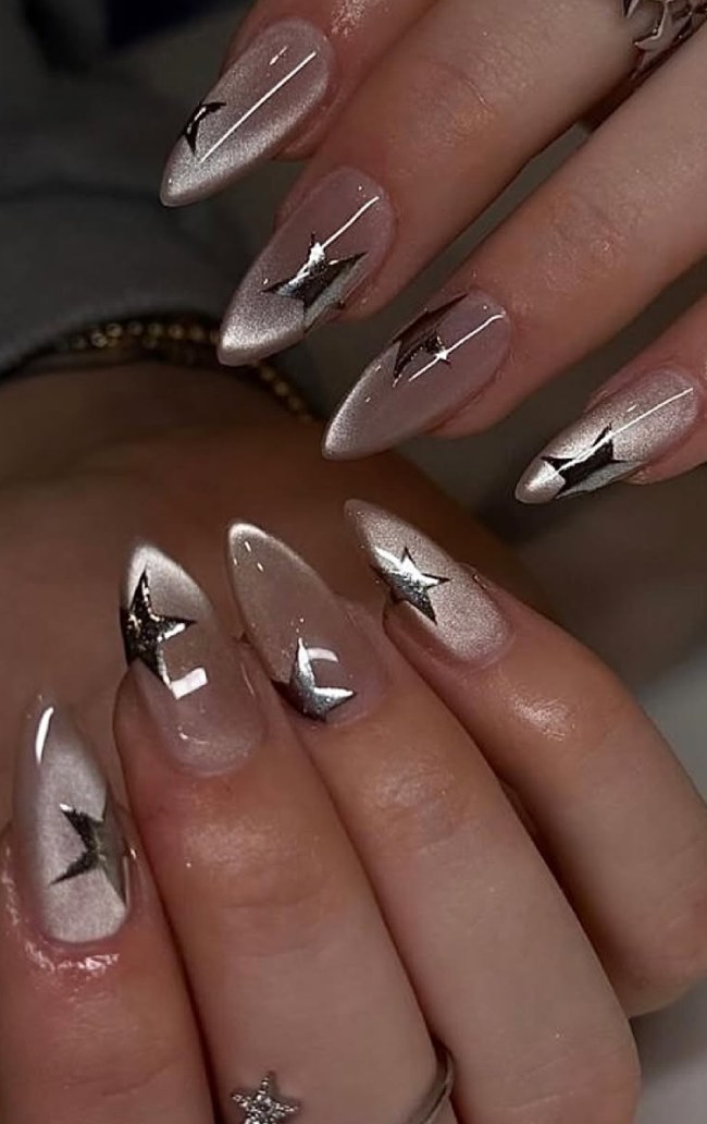 Silver Chrome Stars on Sheer Nude — Chrome Nail Designs