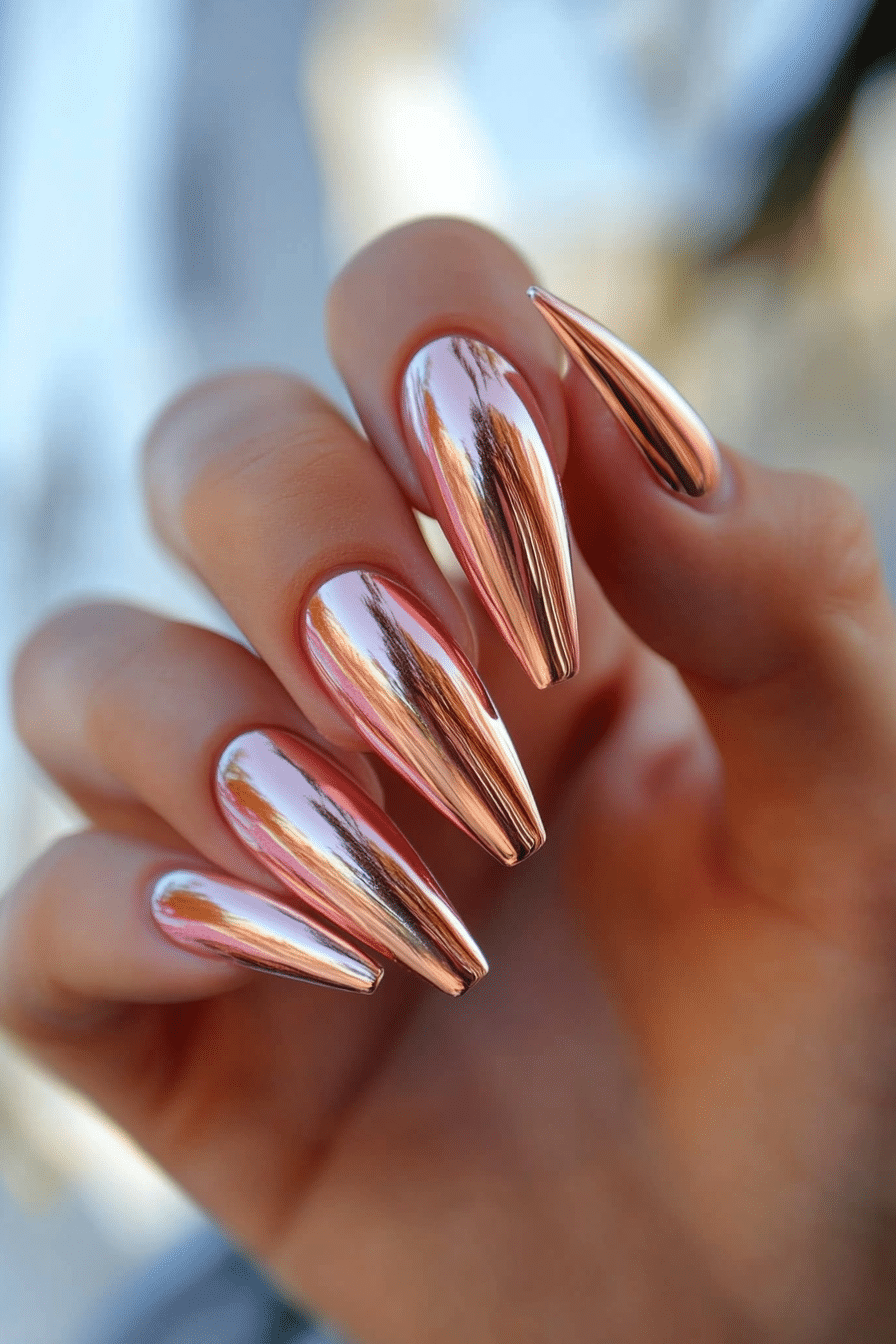 Rose Gold Mirror Stiletto Nails — Chrome Nail Designs