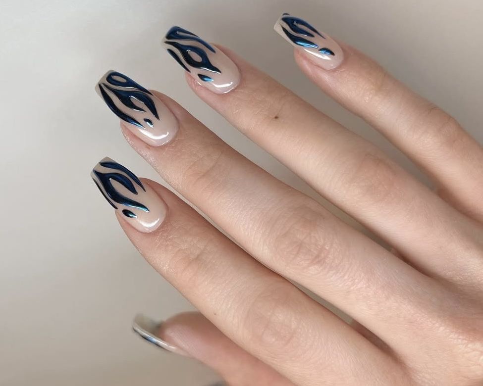 Blue-Black Chrome Flames on Nude — Chrome Nail Designs