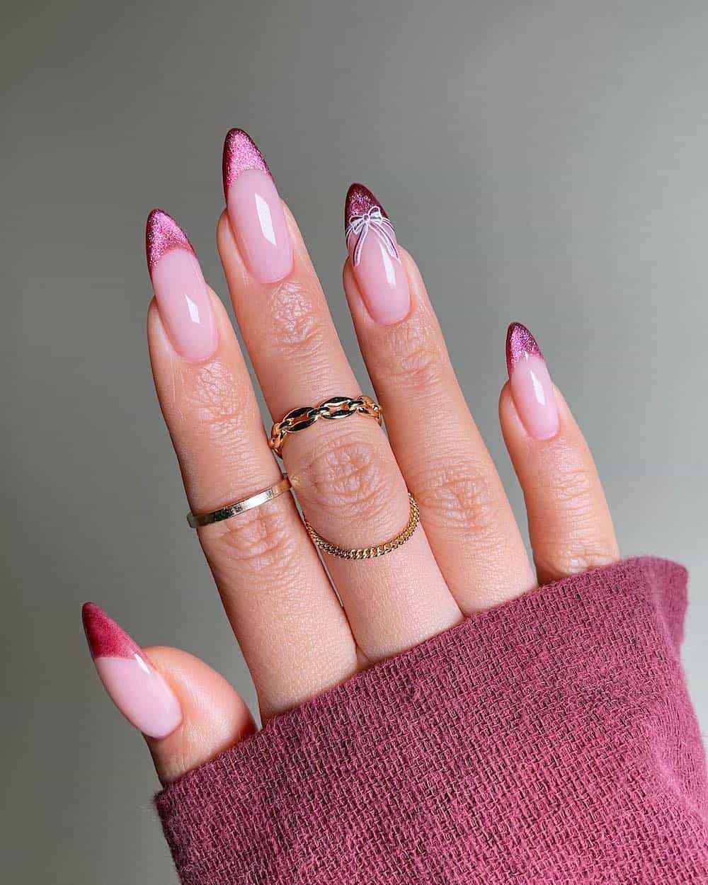 Metallic Pink French Bow Almond Nails Metallic Pink French Bow Almond Nails — Winter Pink Nails