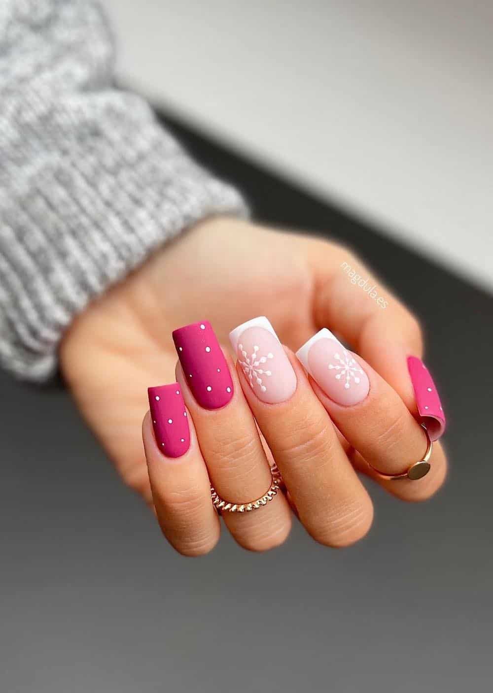 Matte Pink Snowflakes and Dots Nails Matte Pink Snowflakes and Dots Nails — Winter Pink Nails
