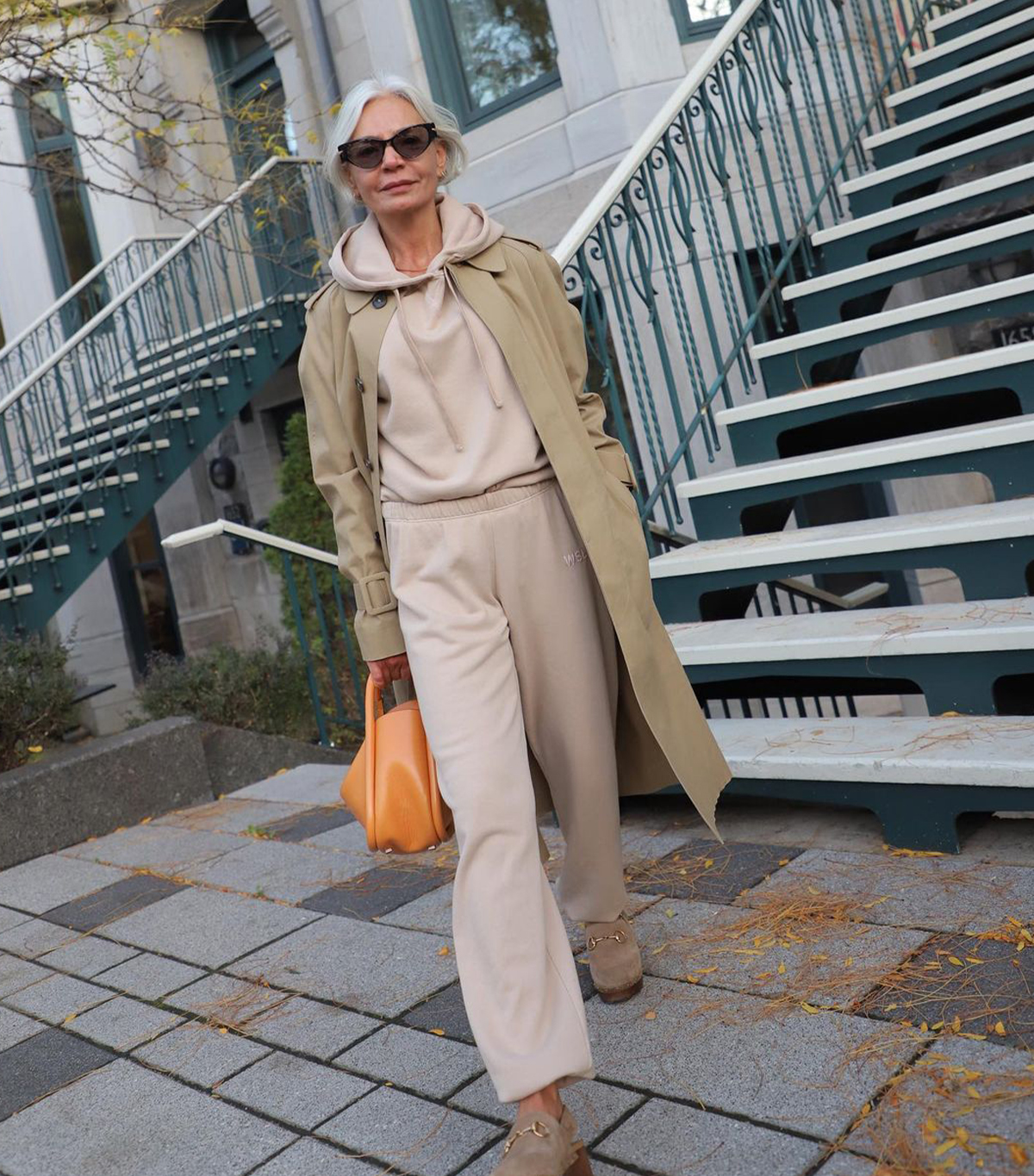 Beige Fleece Set Under Long Trench Coat — Sweatpants Outfits