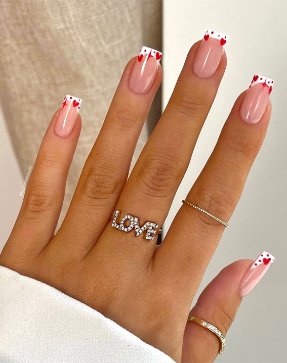 Medium Square Red Dot Heart Tips Medium Square Red Dot Heart Tips — Valentines French Tip Nails 2027