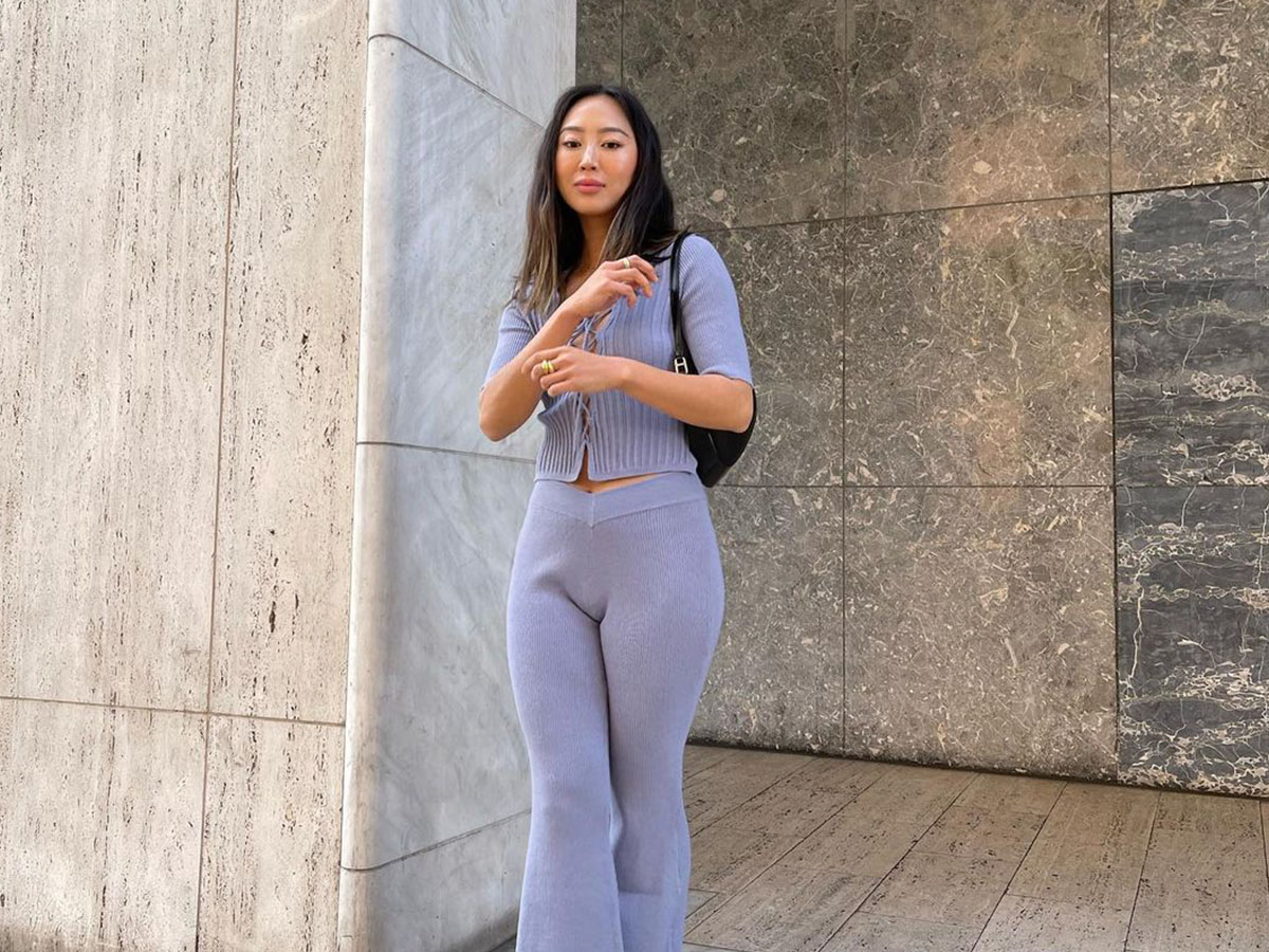 Light Blue Knit Cardigan and Flared Pants — Knit Set Outfits