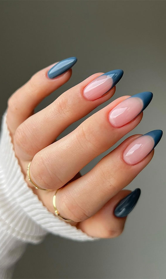 Long Almond Muted Blue-Grey French Tips — Blue Nail Inspo