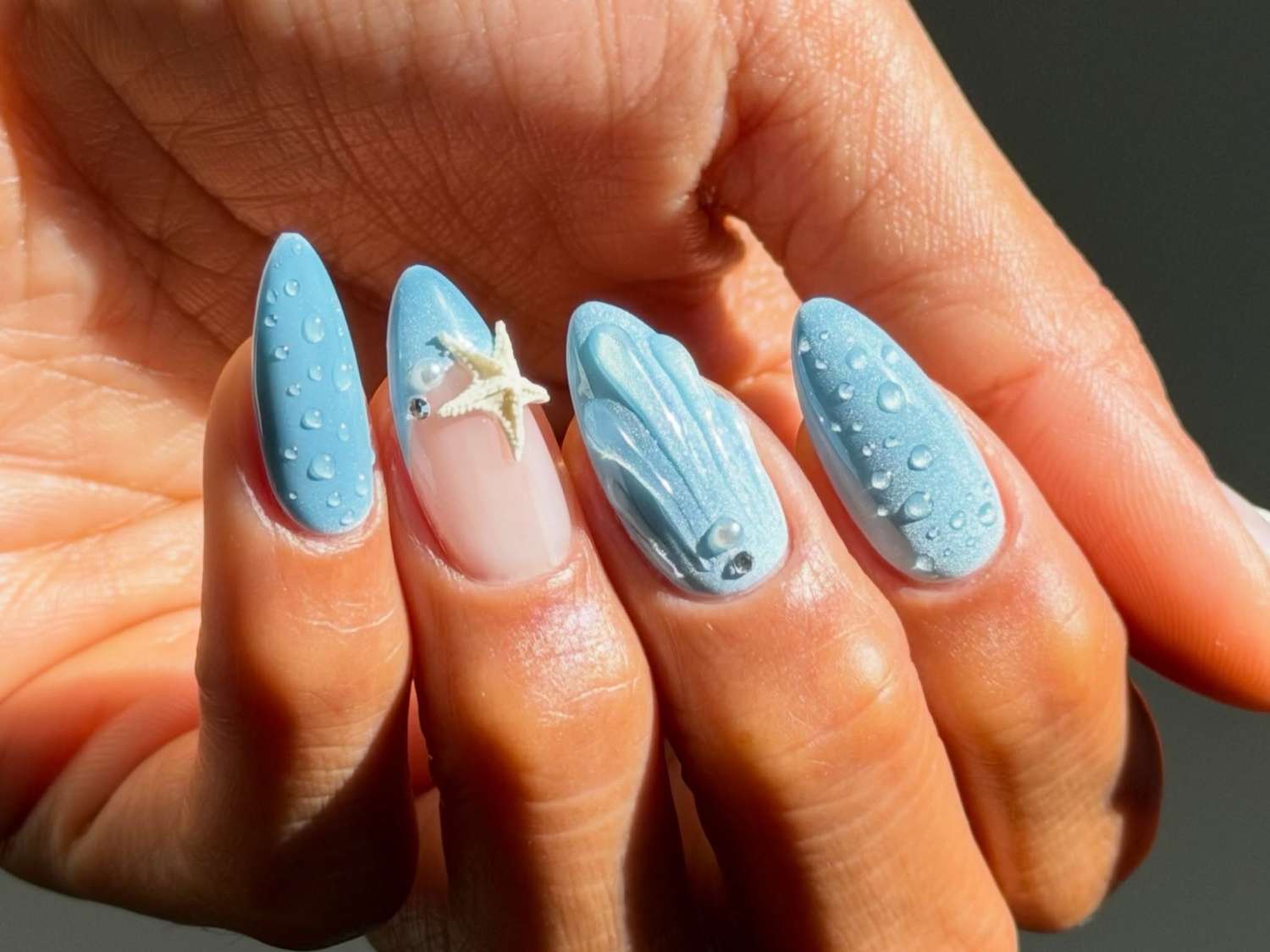 Matte Pastel Blue 3D Water Droplets and Sea Shells — Blue Nail Inspo