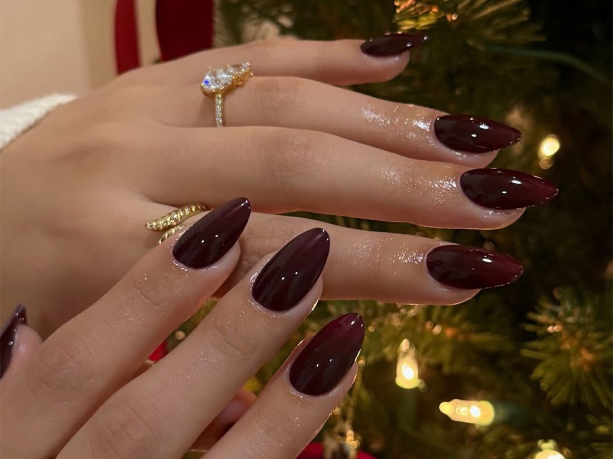Rich Burgundy High-Gloss Almond Nails — Winter Formal Nails