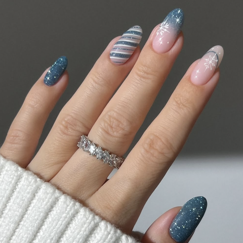 Glitter Snowflake Gradient Almond Nails — Winter Formal Nails