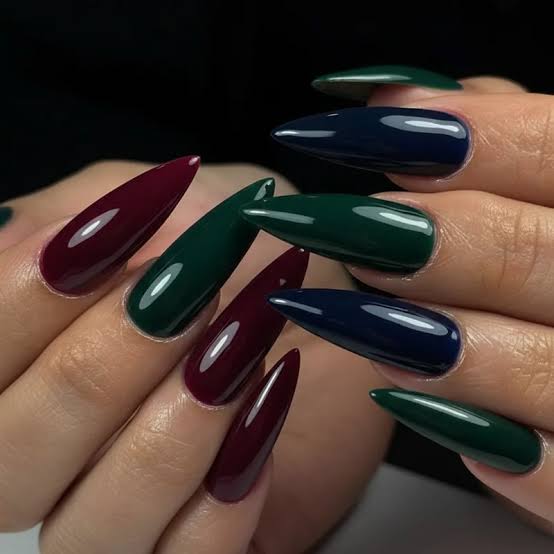 Deep Jewel Tone Glossy Stiletto Nails — Winter Formal Nails