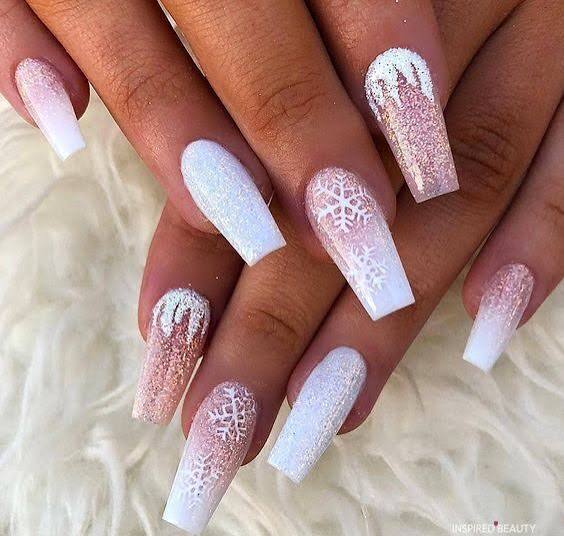 Nude White Ombre Frosted Glitter Coffin Nails Nude White Ombre Frosted Glitter Coffin Nails — Long Winter Nails
