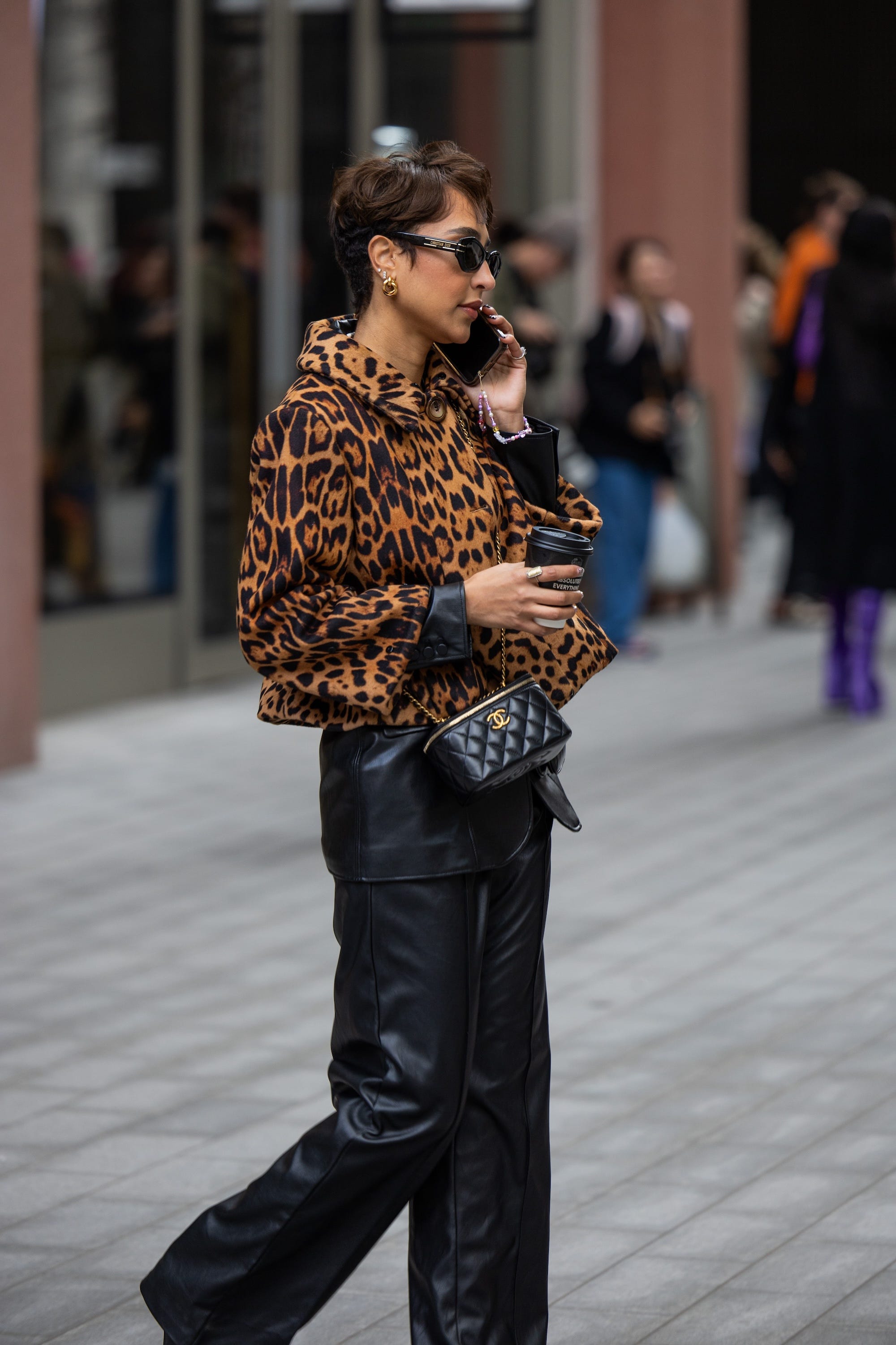 Cropped Leopard Jacket with Wide-Leg Leather Trousers Cropped Leopard Jacket with Wide-Leg Leather Trousers — Leopard Coat Outfits