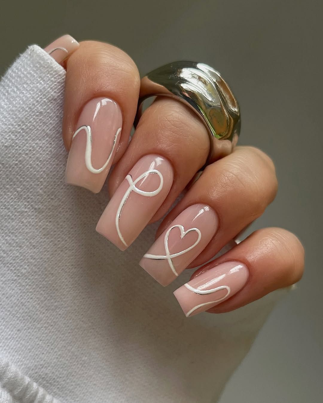 Nude Pink with Abstract White Lines — Neutral Nail Colors