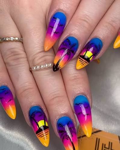 Vibrant Sunset Palm Tree Stiletto Ombre Vibrant Sunset Palm Tree Stiletto Ombre — ombre nail designs