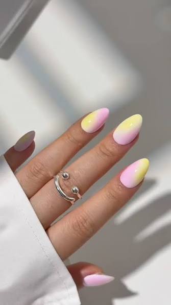 Cheerful Pastel Yellow Pink Almond Ombre Cheerful Pastel Yellow Pink Almond Ombre — ombre nail designs