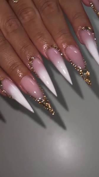 Glamorous Gold Studded Pink White Ombre Glamorous Gold Studded Pink White Ombre — ombre nail designs