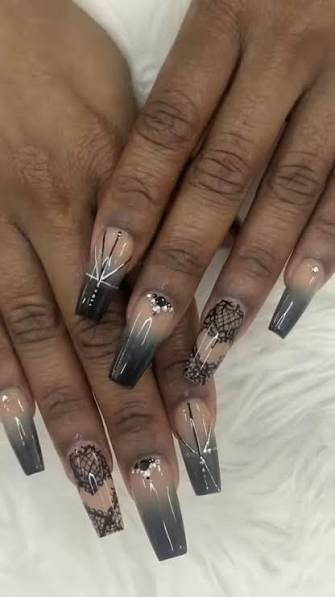 Gothic Lace Grey Ombre Coffin Nails Gothic Lace Grey Ombre Coffin Nails — ombre nail designs