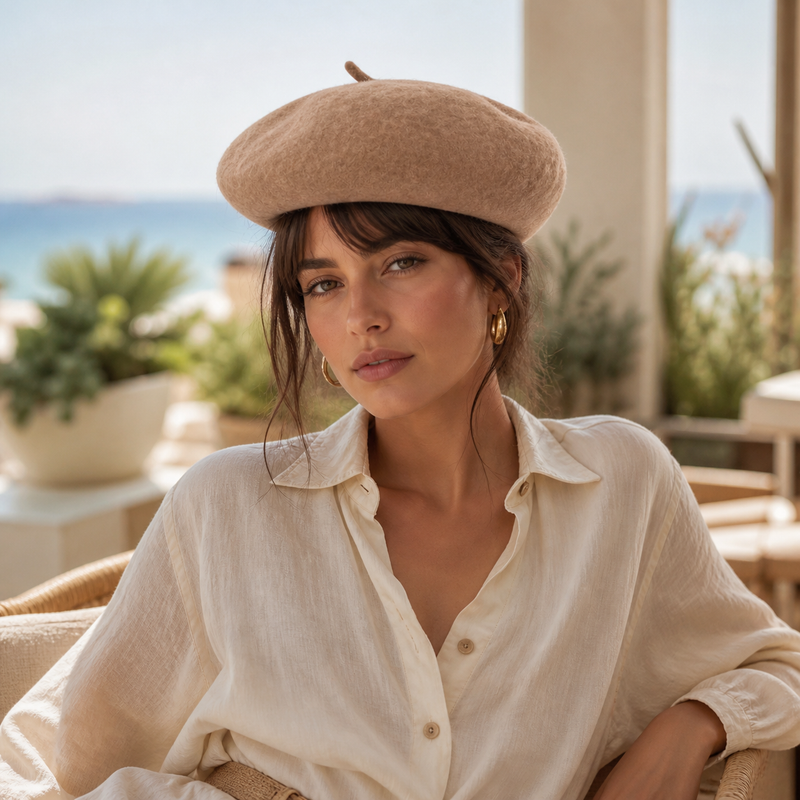 Beige Beret and Linen Shirt for a Relaxed Look Beige Beret and Linen Shirt for a Relaxed Look — Beret Outfits