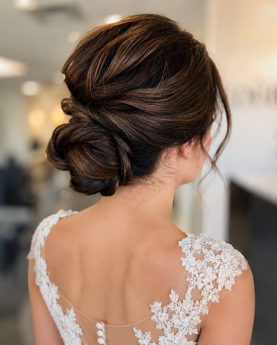 Structured Dark Brown Updo With Defined Twists Structured Dark Brown Updo With Defined Twists — Mother of the Bride Updos 2027