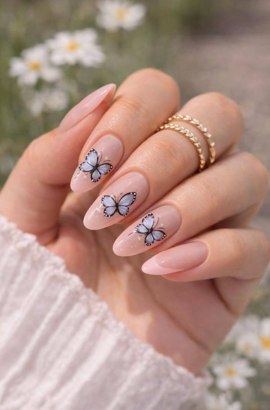 Sheer Nude Pink French Butterfly Almonds — Short Butterfly Almond Nails 2027