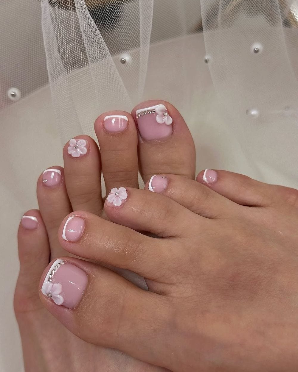 3D Floral Charm French Tip Toes 3D Floral Charm French Tip Toes — Vacation Toe Nails 2027